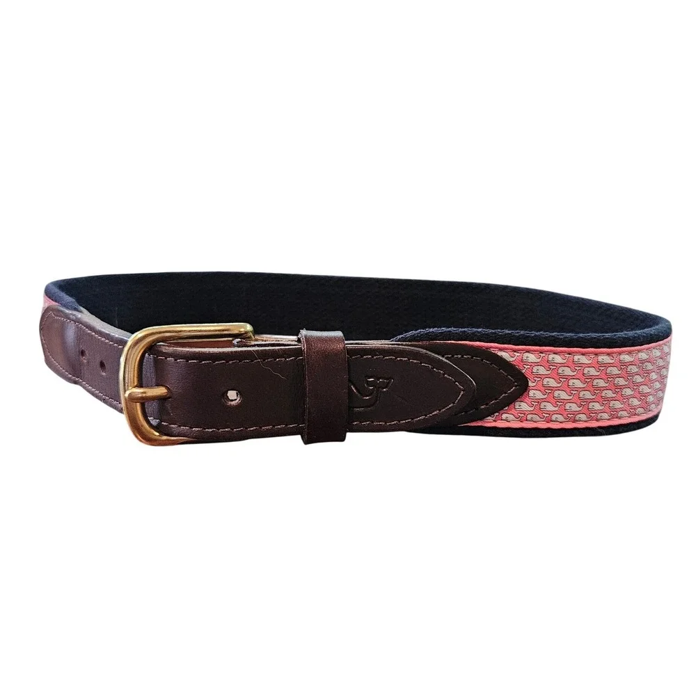 Vineyard Vines Kids Navy Pink Whale Canvas Club Belt Leather Brass Size 24 USA